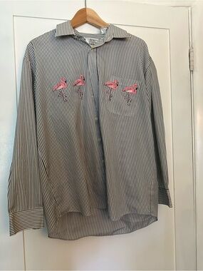 Black & White Stripe Shirt with Pink Flamingo Embroidery